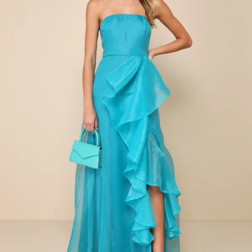 Lulu's Strapless Aqua Ruffle Dress